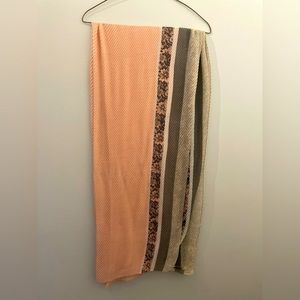 One size pink and grey floral striped scarf. Good condition.